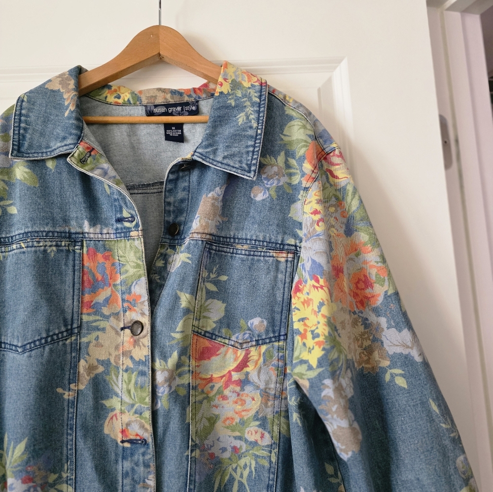 Vintage Susan Graver Denim Jacket Shacket Womens Size 1x Floral Cotton Boho - Picture 2 of 8